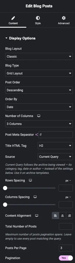 Master Addons Blog Posts widget Display Options with Source set to Current Query for a search results template