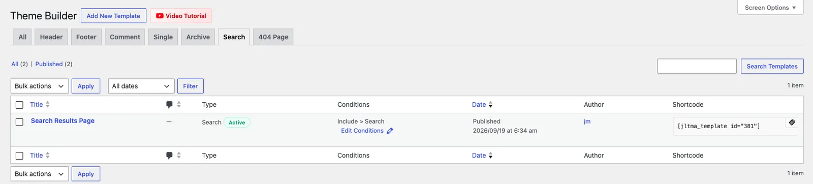 Theme Builder Search tab listing the Search Results Page template as type Search, Active, with the condition Include Search