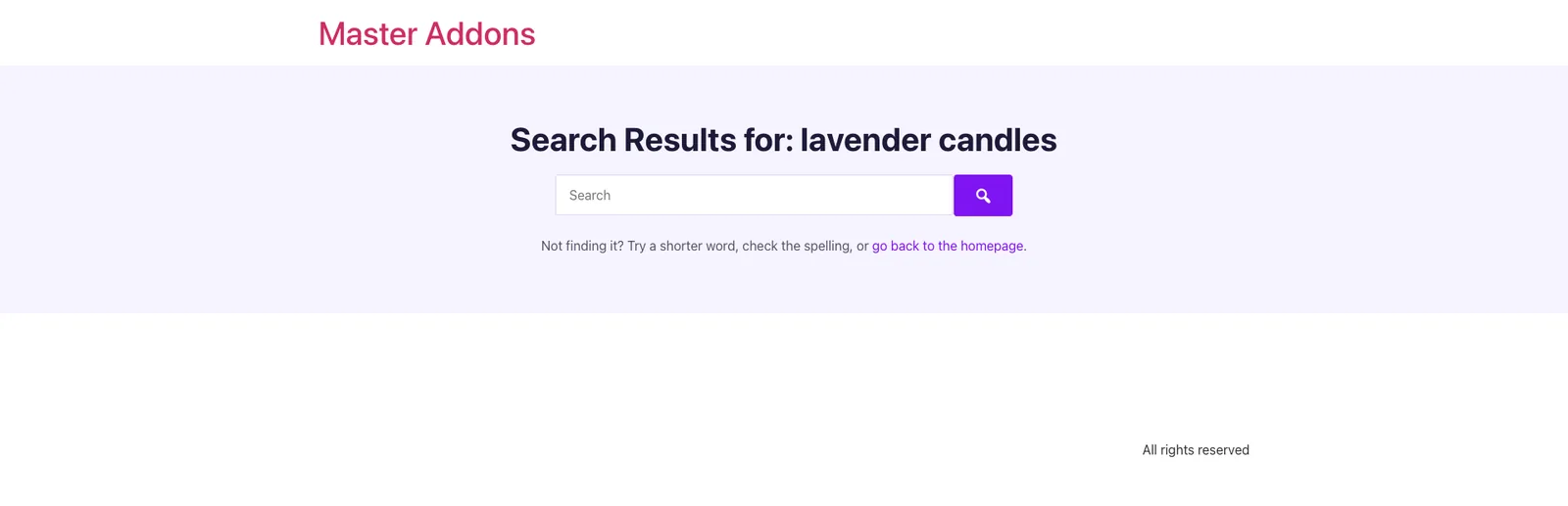 Search results page with no matches showing the search heading, search bar and a help line with a link to the homepage