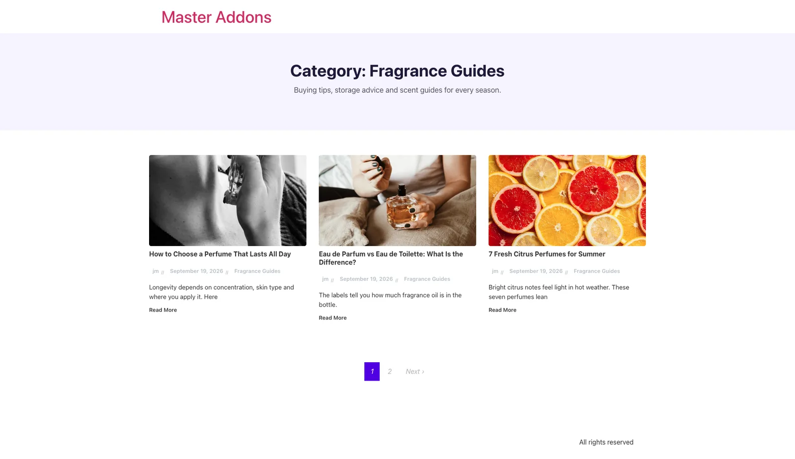 Custom Elementor category archive page built with the Master Addons Theme Builder showing the category title, description and a three-column post grid