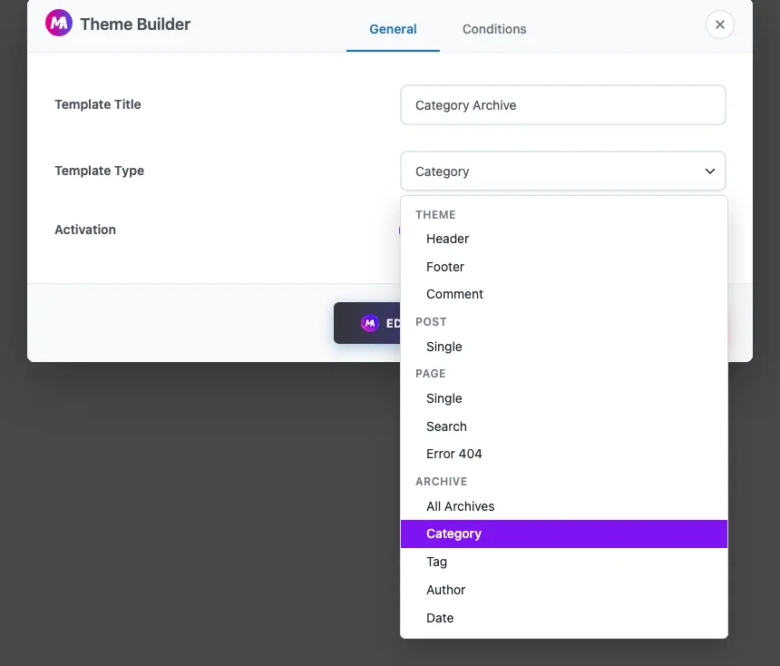 Template Type dropdown in the Master Addons Theme Builder with Category selected under the Archive group