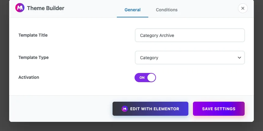 Theme Builder General tab with Template Title Category Archive, Template Type Category and Activation switched on