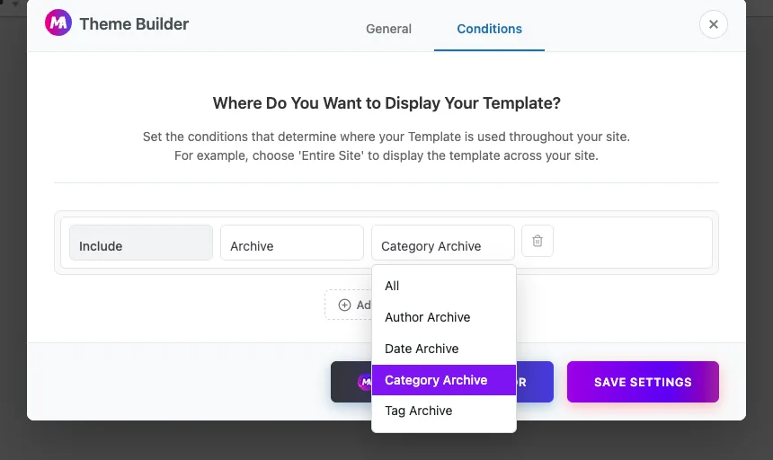 Conditions tab of the Master Addons Theme Builder with Include, Archive and Category Archive selected and the archive options listed