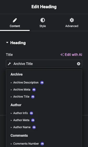 Elementor dynamic tags list showing the Master Addons Archive and Author tag groups
