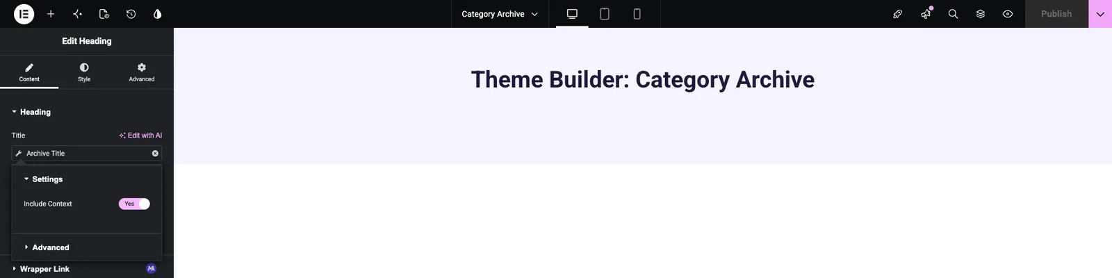 Elementor Heading widget using the Master Addons Archive Title dynamic tag with Include Context switched on