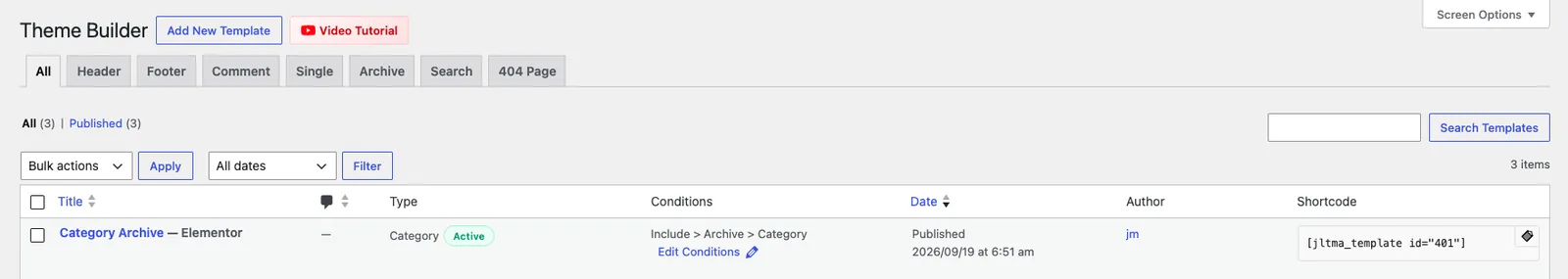 Theme Builder list showing the Category Archive template as type Category, Active, with the condition Include Archive Category