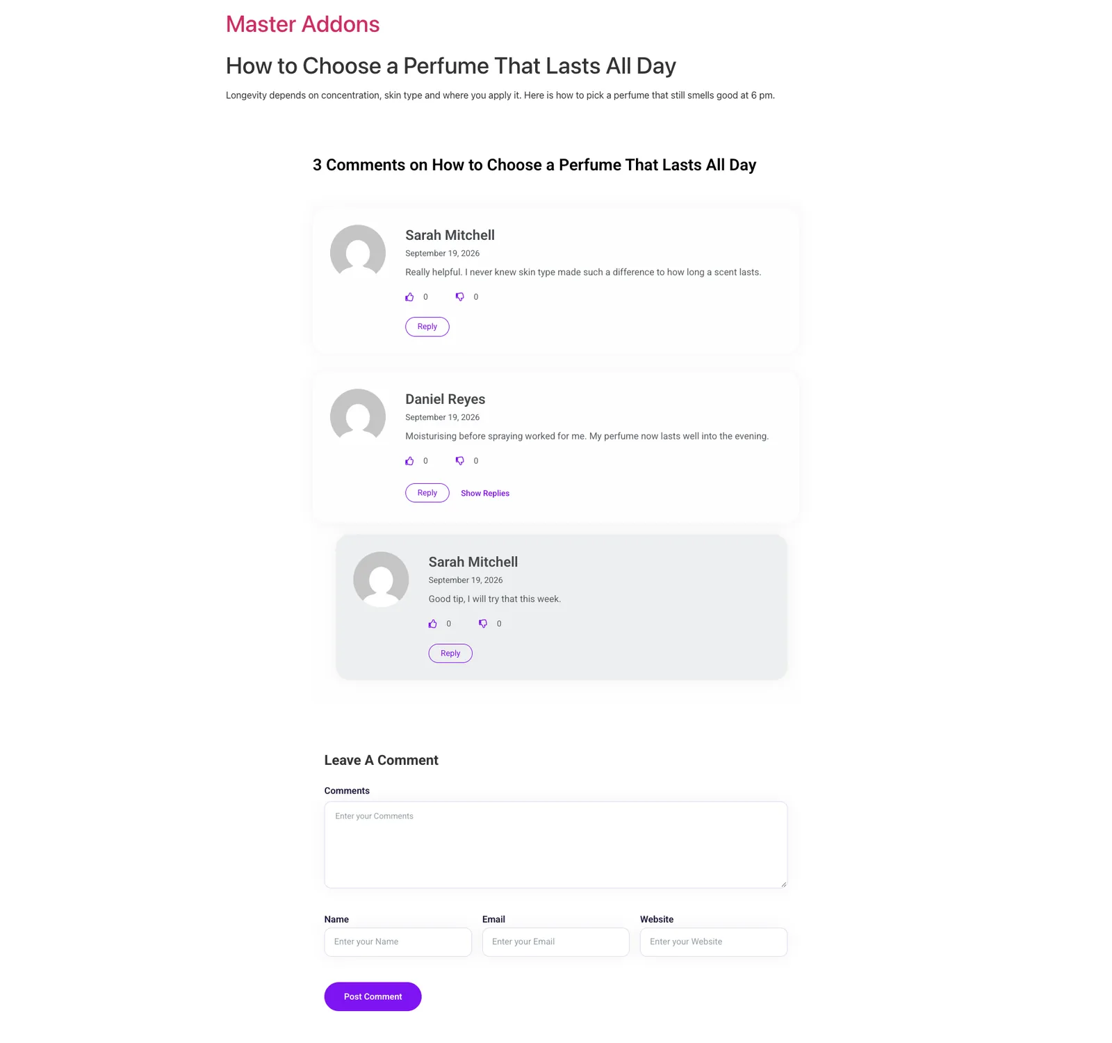 Blog post with a custom comment section built with the Master Addons Comment template and MA Comments widget