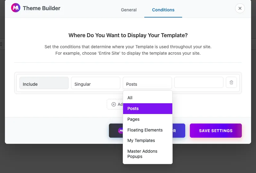 Conditions tab of the Master Addons Theme Builder with Include, Singular and Posts selected for a Comment template