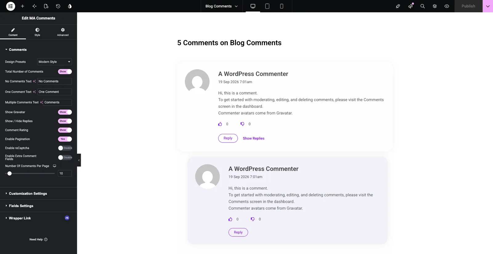 MA Comments widget in the Elementor editor with the Comments settings panel and a live preview of comment cards