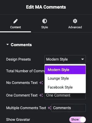 MA Comments Design Presets dropdown with Modern Style, Lounge Style and Facebook Style options
