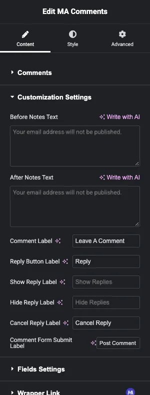 MA Comments Customization Settings with fields for notes text, comment label, reply labels and submit button label