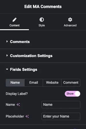 MA Comments Fields Settings with Name, Email, Website and Comment tabs and label and placeholder options
