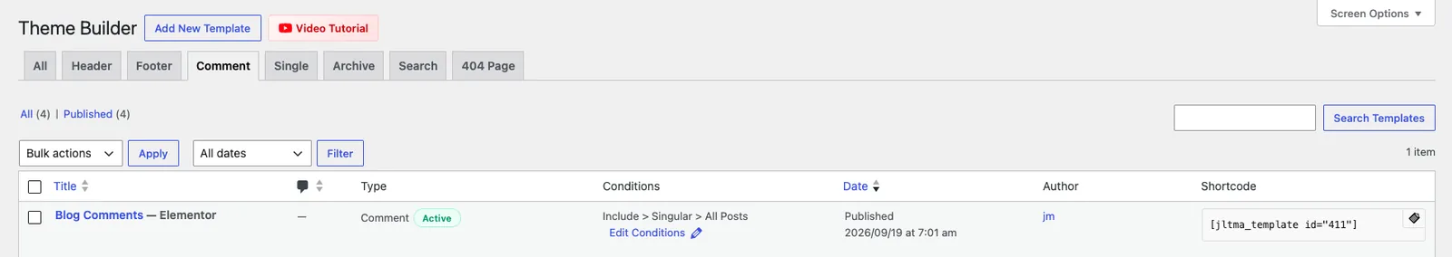 Theme Builder Comment tab listing the Blog Comments template as type Comment, Active, with the condition Include Singular All Posts