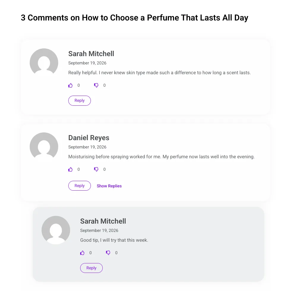 Comment list from the MA Comments widget showing comment cards, like and dislike counters, Reply buttons and an indented reply