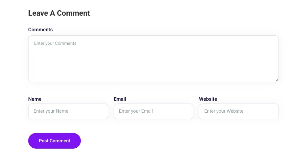 Leave A Comment form from the MA Comments widget with a comment box, Name, Email and Website fields and a Post Comment button