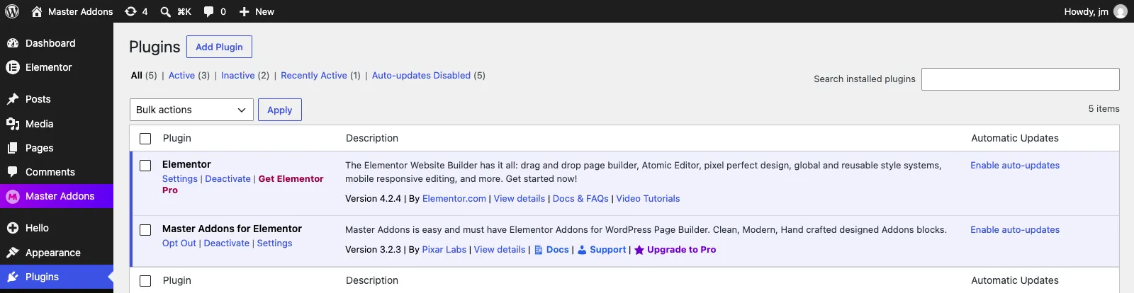 WordPress plugins screen showing free Elementor and Master Addons for Elementor active with no Elementor Pro installed
