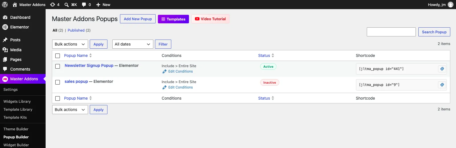 Master Addons Popups admin screen listing popups with their display conditions, status and shortcode