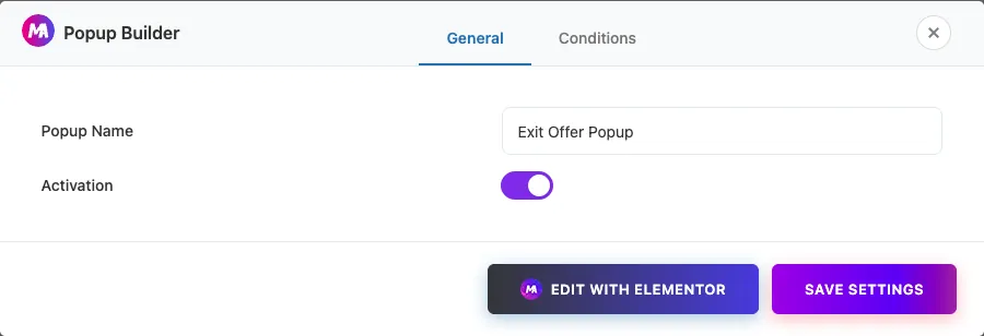 Master Addons Popup Builder dialog with a Popup Name field and an Activation toggle switched on