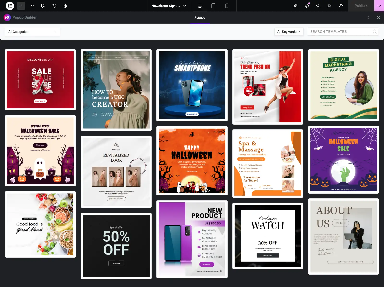 Master Addons popup template library inside the Elementor editor showing sale, Halloween, spa, product and coming soon popup designs
