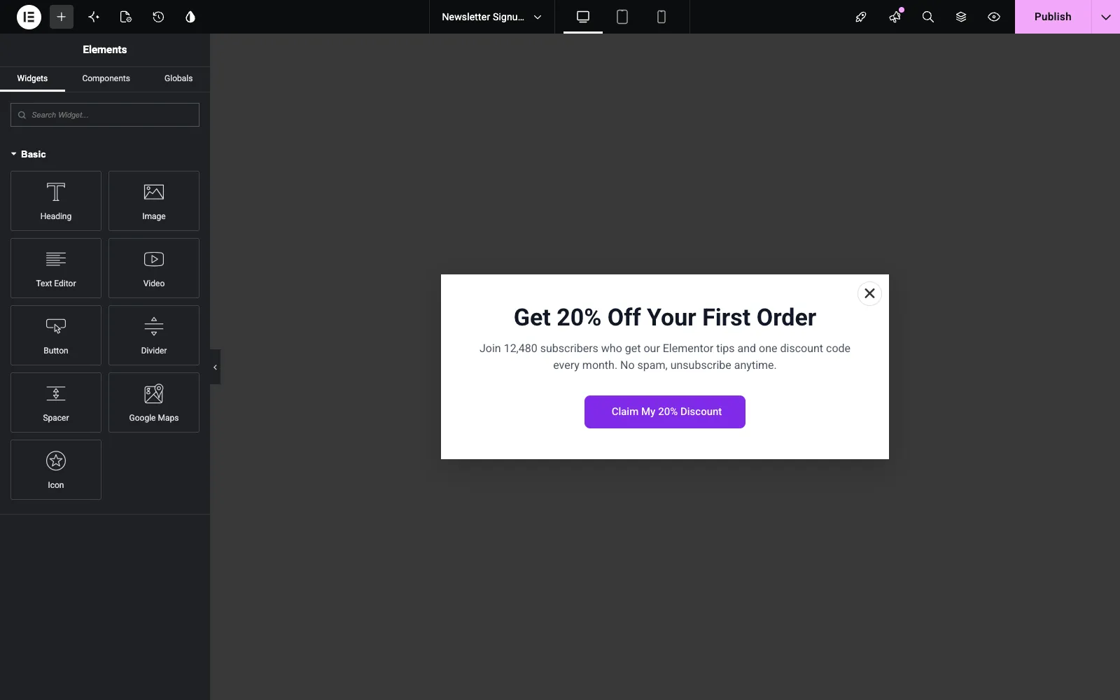 Elementor editor with the Basic widgets panel open and a newsletter popup being designed on the canvas