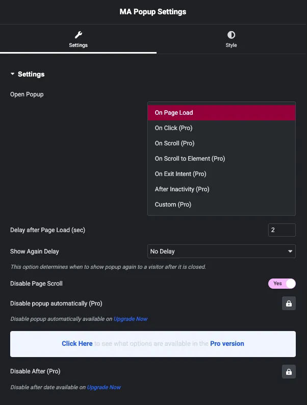 Open Popup dropdown in Master Addons popup settings listing On Page Load free and six Pro triggers