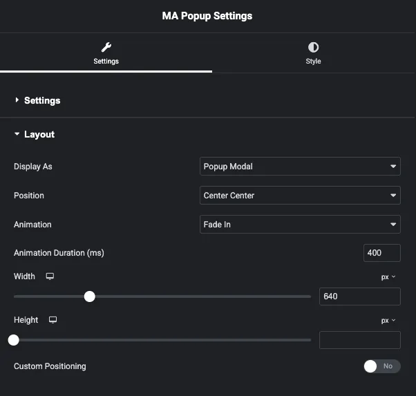 Layout section of Master Addons popup settings with Display As, Position, Animation, duration, width and height controls