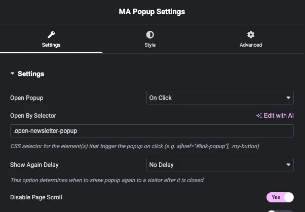Master Addons popup settings with the trigger set to On Click and a CSS selector entered in the Open By Selector field