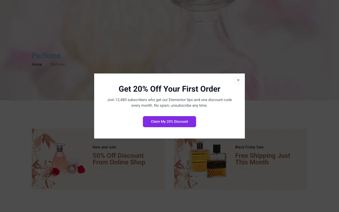 Newsletter popup with a 20 percent discount offer showing on a live WordPress page after a two second page load delay