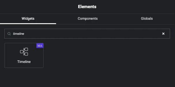 Elementor widget panel searched for timeline, showing a single Timeline widget with the Master Addons badge