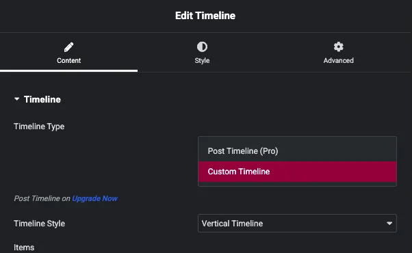 Timeline Type dropdown in the Elementor editor showing Post Timeline marked Pro and Custom Timeline selected