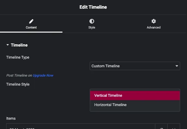 Timeline Style dropdown showing Vertical Timeline and Horizontal Timeline options