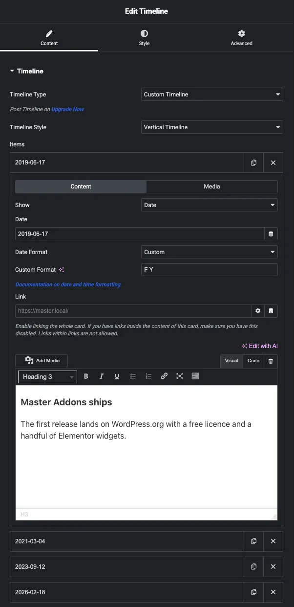 Timeline Items repeater open in Elementor showing Show, Date, Date Format, Custom Format, Link and the content editor with a Heading 3 block