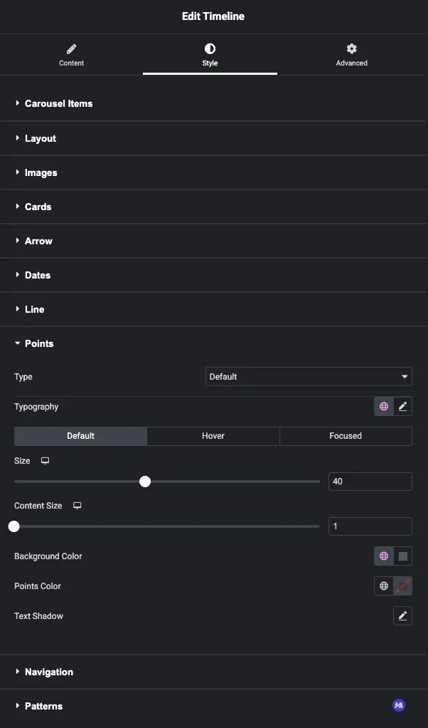 Elementor Style tab for the Timeline widget with the Points section open showing Default, Hover and Focused state tabs