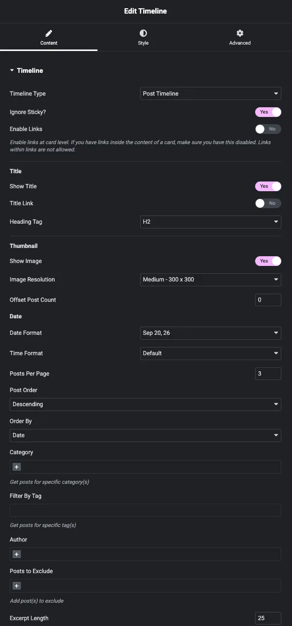 Post Timeline settings panel in Elementor with title, heading tag, thumbnail, date format, posts per page, category, tag, author and exclude controls