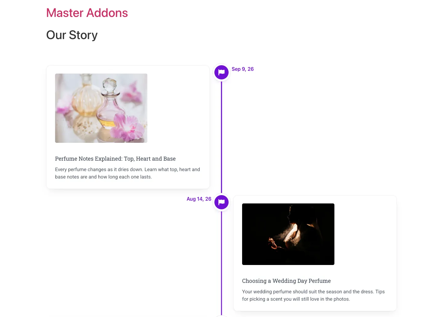 Post timeline on a live page showing WordPress posts as dated cards with featured images, titles, excerpts and flag icon markers