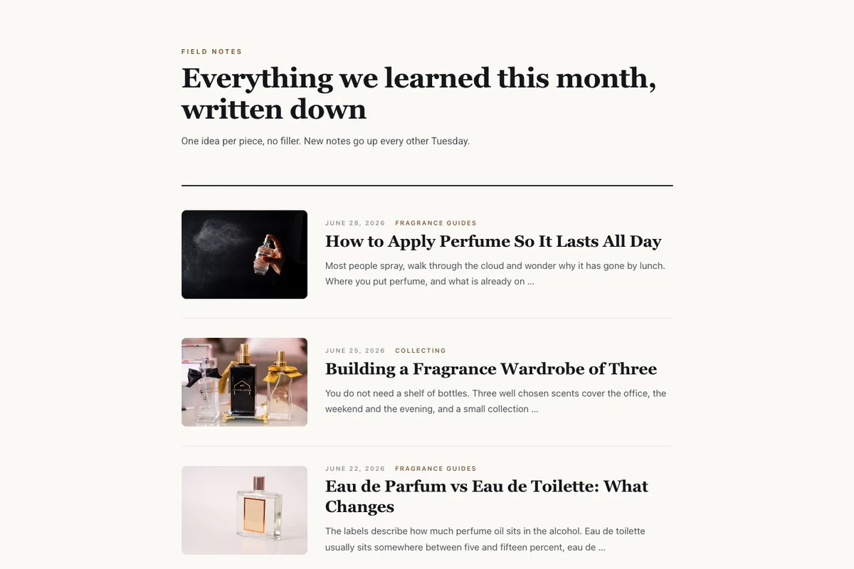 Column Elementor blog page template showing a single column list of posts with small thumbnails and serif headlines