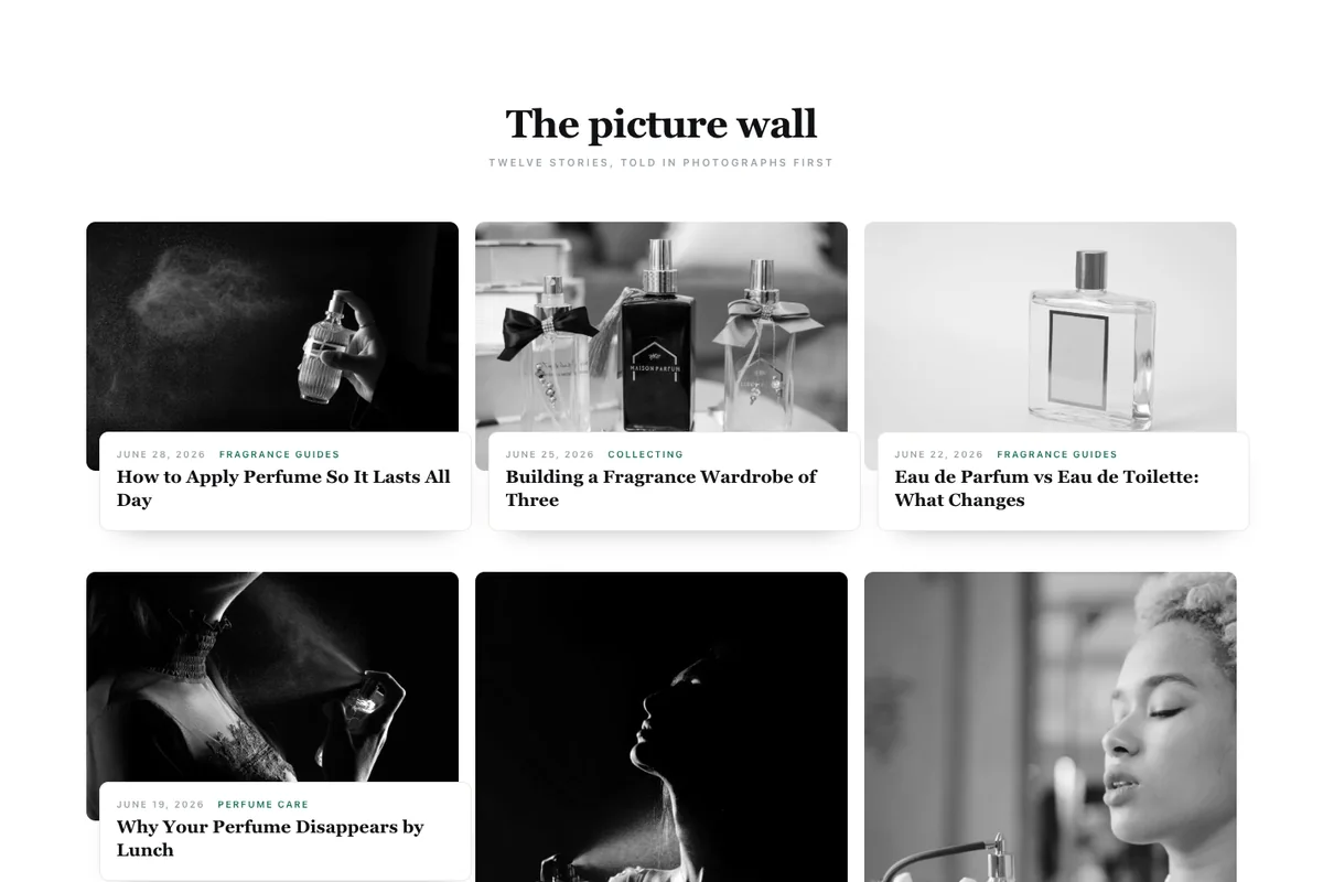 Mosaic Elementor masonry blog template with staggered greyscale photos and small caption cards