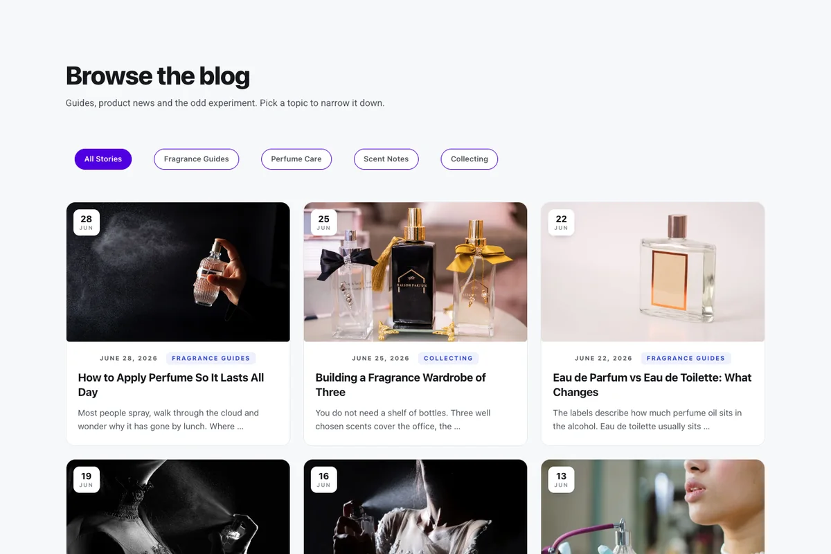 Kiosk Elementor blog template with category filter tabs above a card grid with date badges