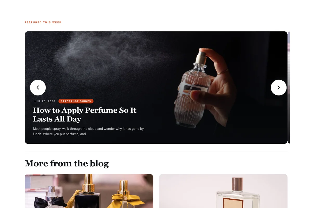 Marquee Elementor blog template with a featured post carousel above two columns of post cards