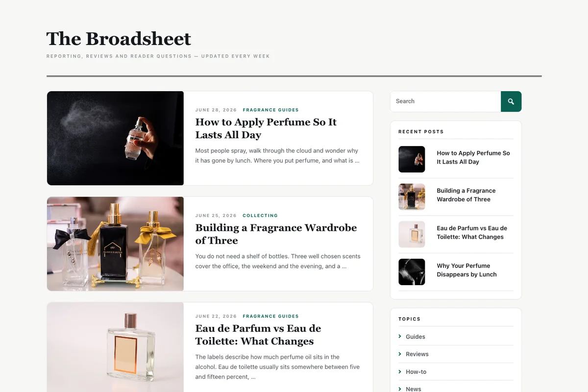 Broadsheet Elementor blog template with horizontal post rows and a sticky sidebar with search and recent posts