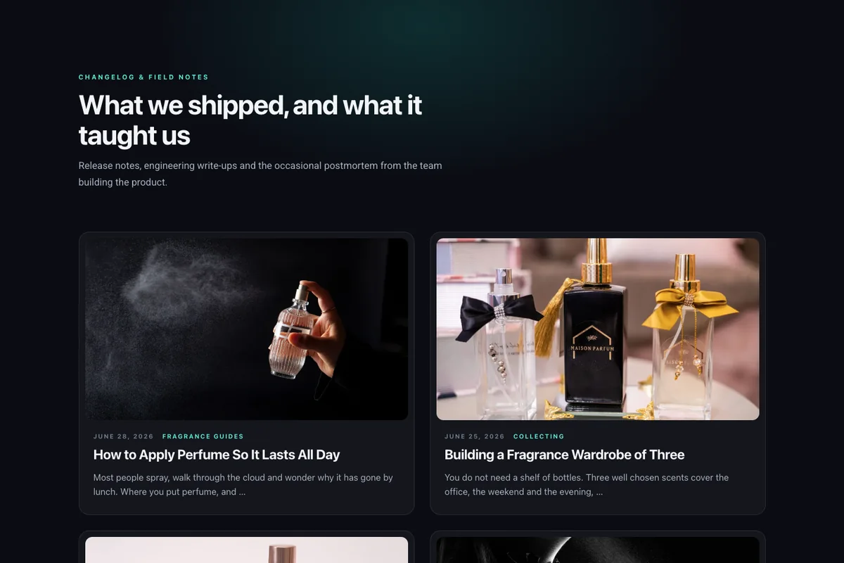 Midnight dark Elementor blog template with glass style cards on a near black background