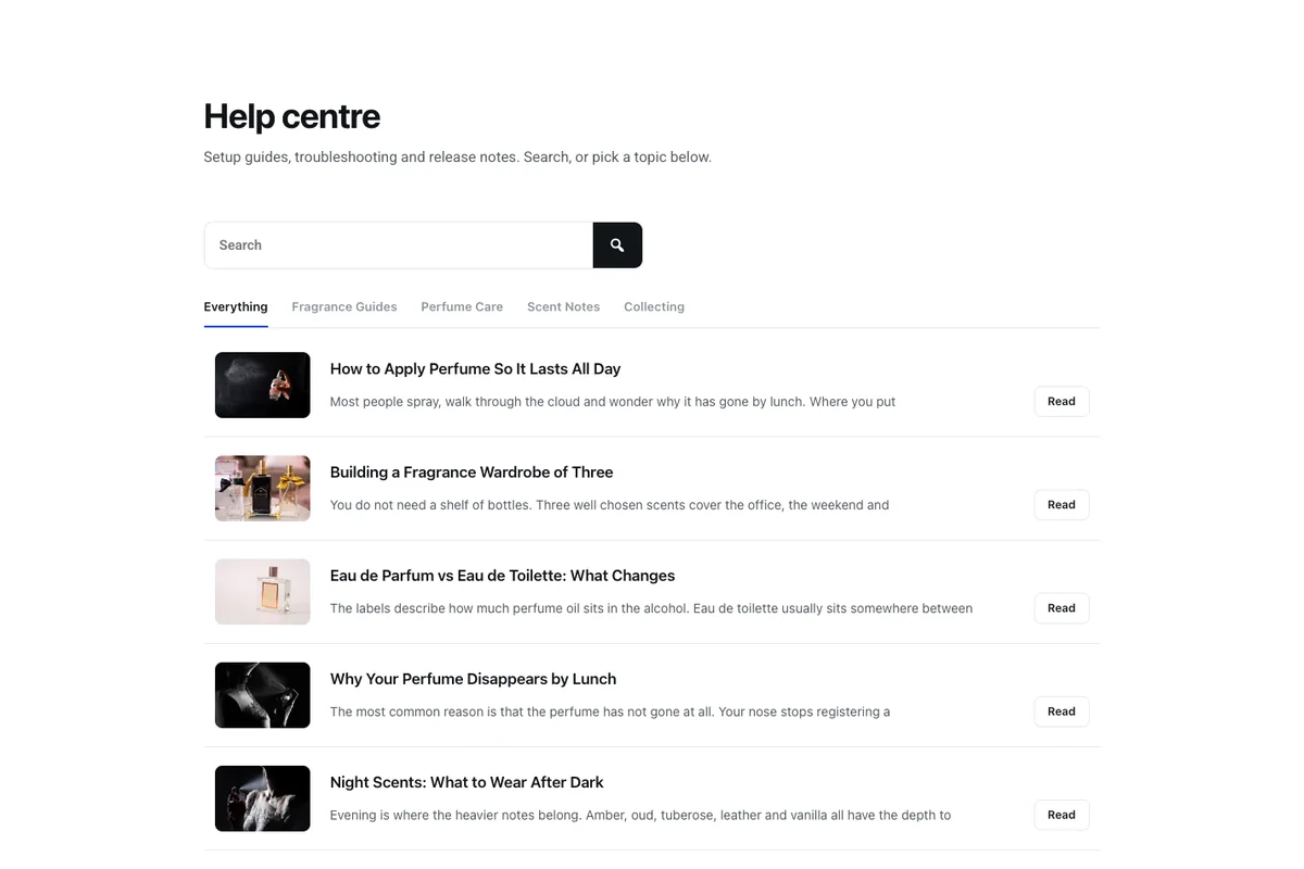 Ledger Elementor help centre template with a search bar, underlined topic tabs and compact article rows