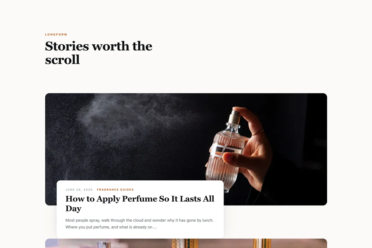 Frost Elementor blog template with one wide image per row and a white caption card lifted over it