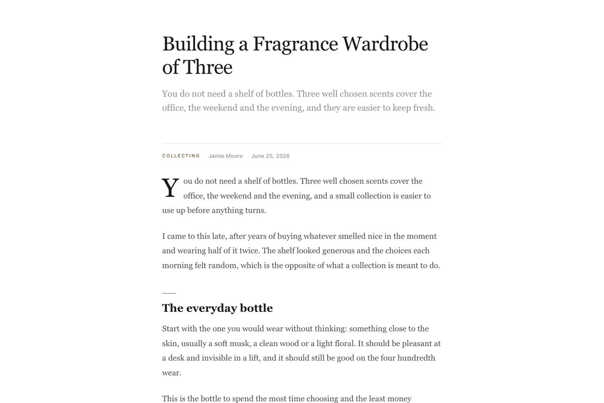 Quiet Elementor single post template with a large serif headline, grey standfirst and drop cap