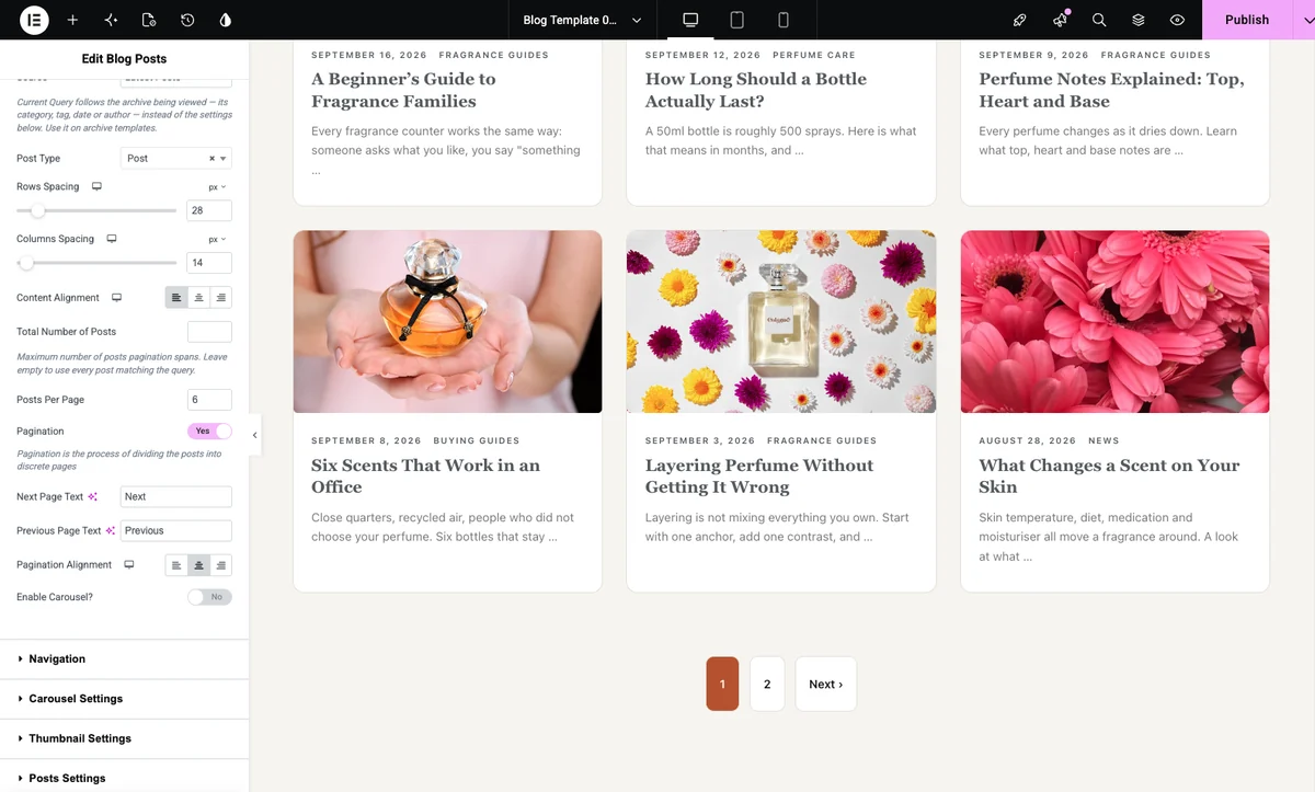 Pagination switched on in the Elementor Blog Posts widget with numbered page links under the Signal blog template