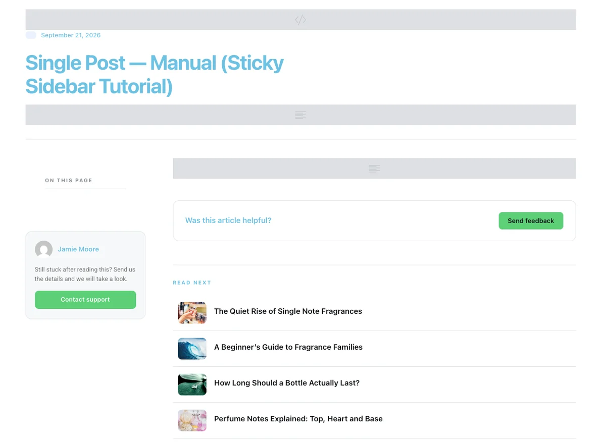 Imported Elementor single post template showing grey placeholders where the post title, featured image and content will appear