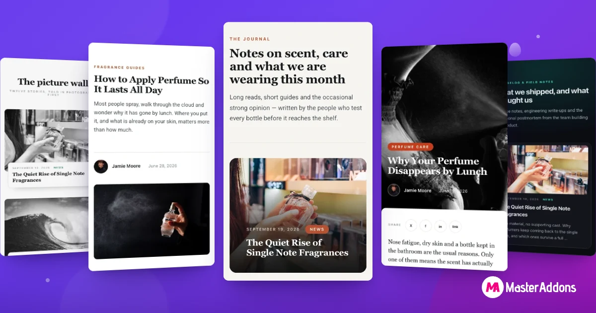 Elementor blog templates: five blog page and single post template designs shown side by side, with the Master Addons logo