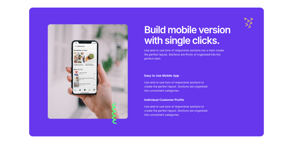 Funktionsabschnittvorlage der Purple Elementor App mit Telefonmodell und Funktionscheckliste