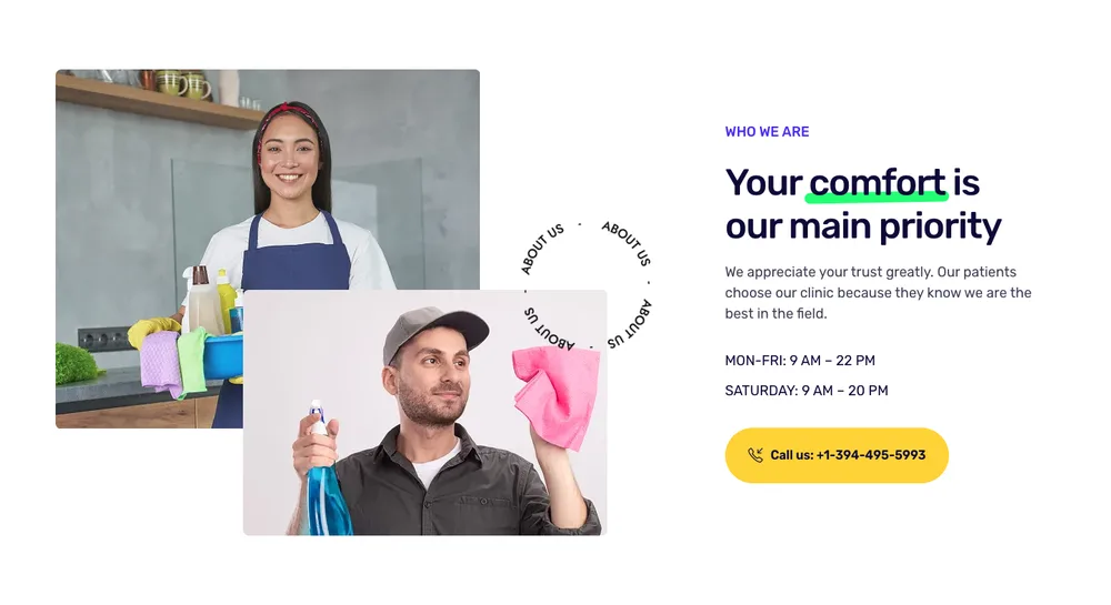 Elementor über uns Abschnittsvorlage mit Mitarbeiterfoto Collage und Anruf-Taste