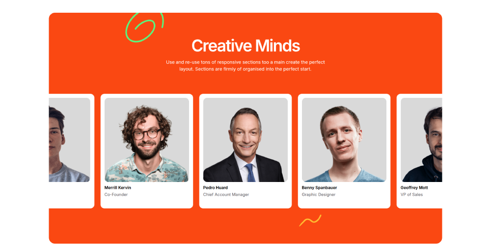 Orange Elementor Team-Sektion Vorlage mit fünf Portraitkarten